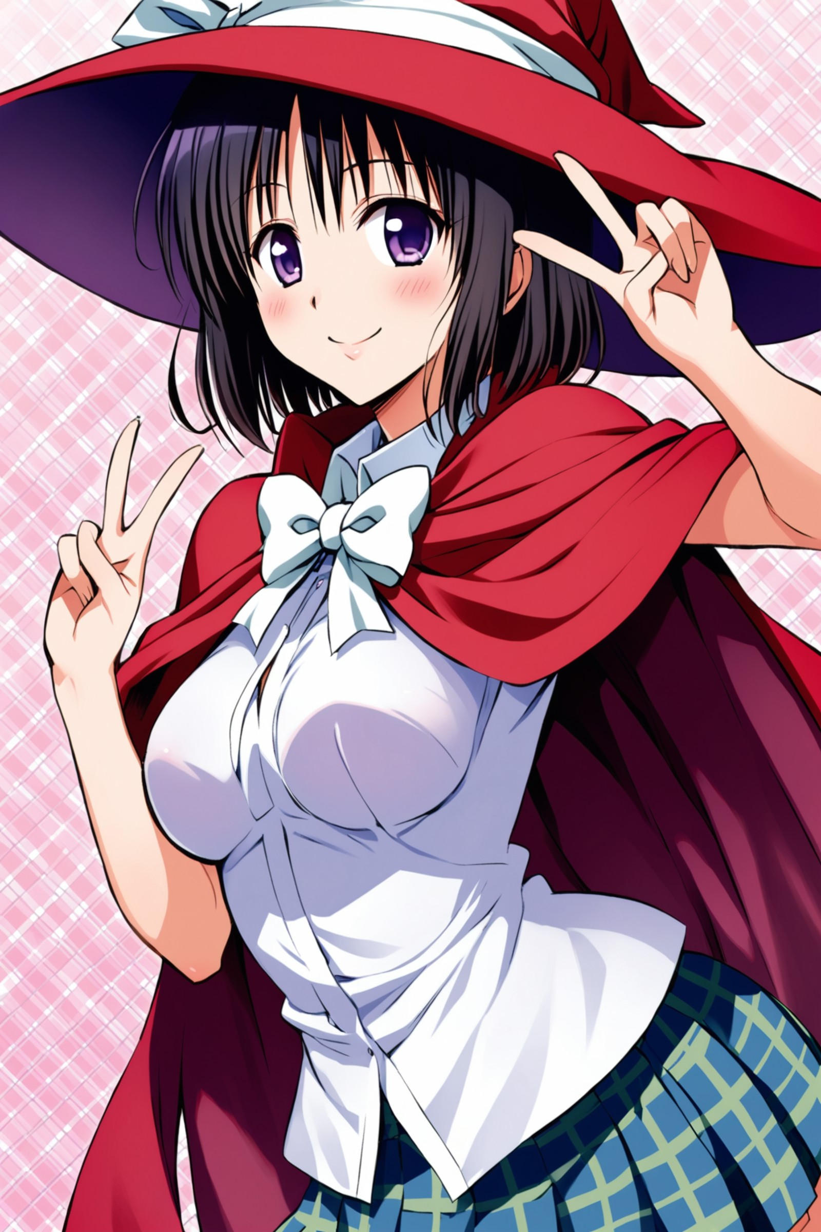 Kirizaki Kyoko,1girl,solo,red hat,black hair,skirt,blue skirt,purple eyes,witch hat,red cape,smile,looking at viewer,short...